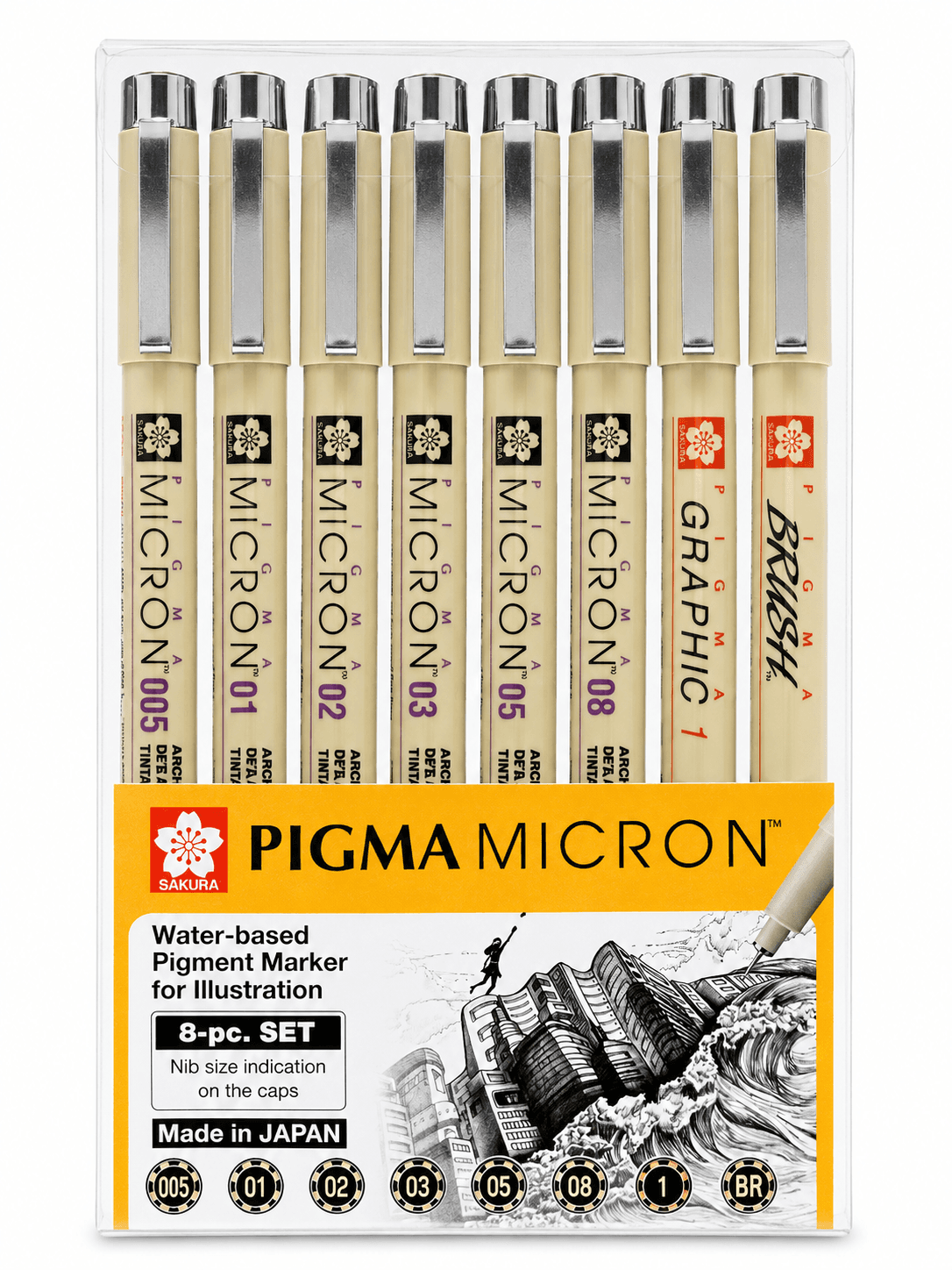 Sakura Pigma Micron, Graphic & Brush Fineline Pens, Archival Black Ink, 8 PK